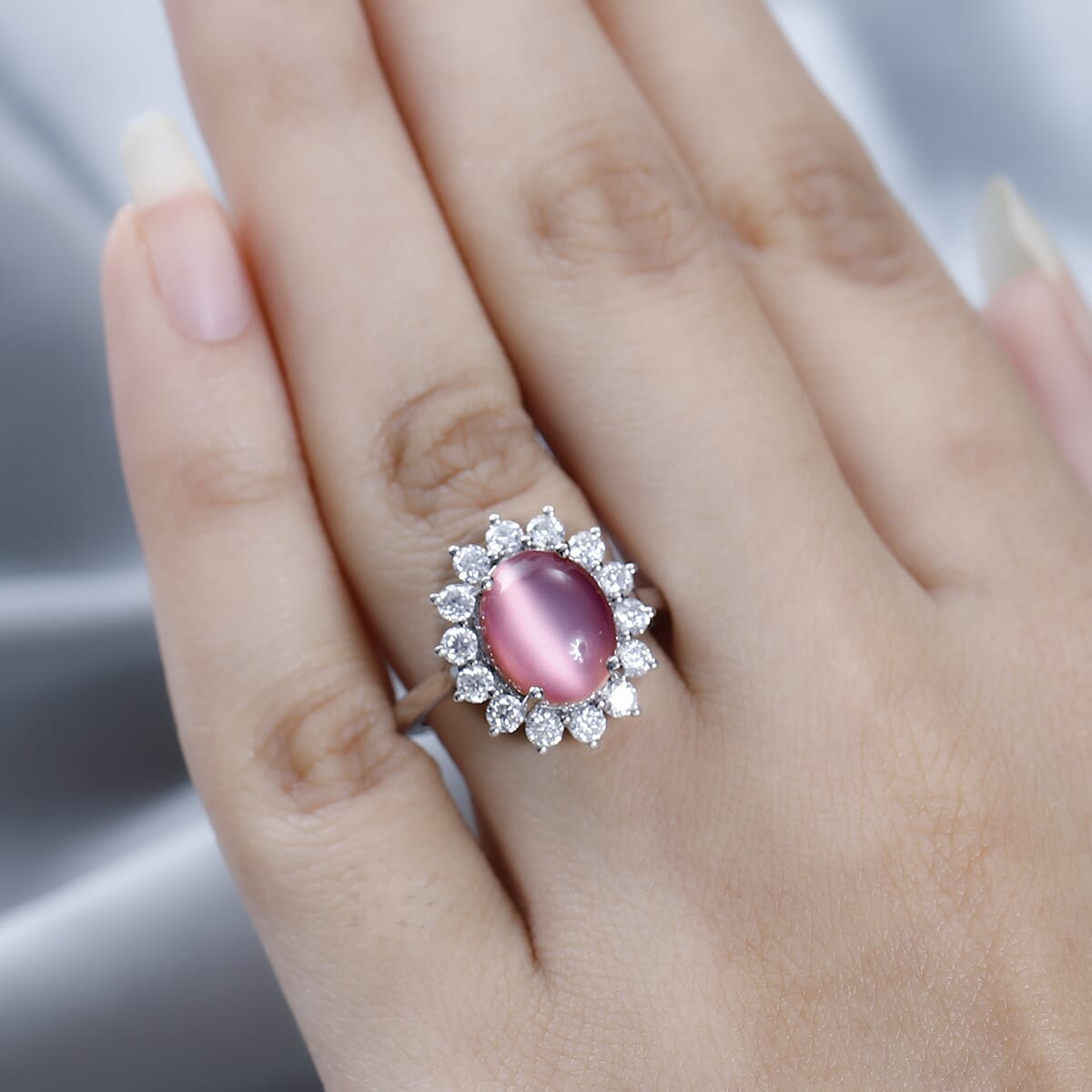 Flamingo Moonstone and Moissanite 4.25 ctw Sunburst Ring in Platinum Over Sterling Silver (Size 9.0) image number 3