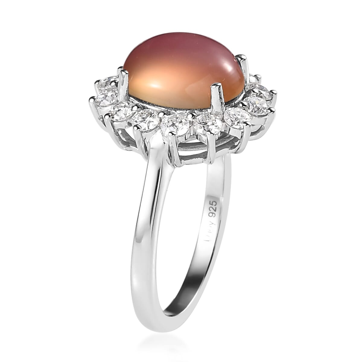 Flamingo Moonstone and Moissanite 4.25 ctw Sunburst Ring in Platinum Over Sterling Silver (Size 9.0) image number 4