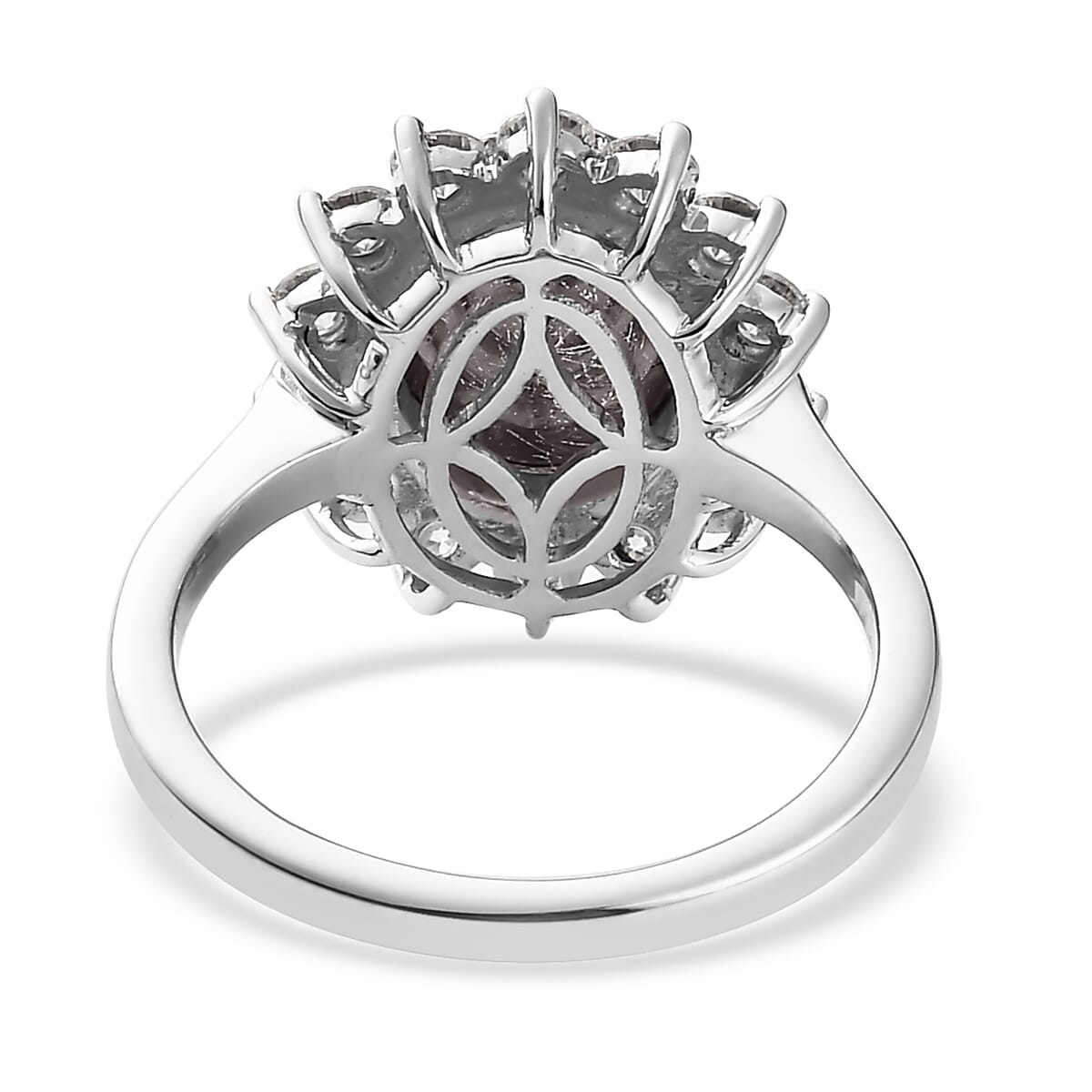 Flamingo Moonstone and Moissanite 4.25 ctw Sunburst Ring in Platinum Over Sterling Silver (Size 9.0) image number 5