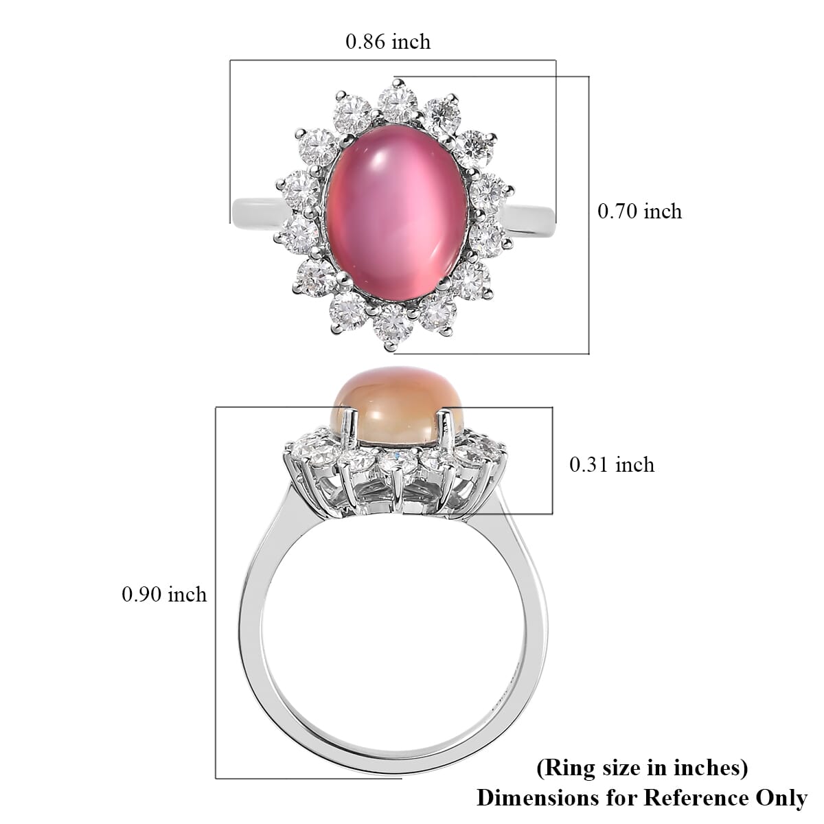 Flamingo Moonstone and Moissanite 4.25 ctw Sunburst Ring in Platinum Over Sterling Silver (Size 9.0) image number 6