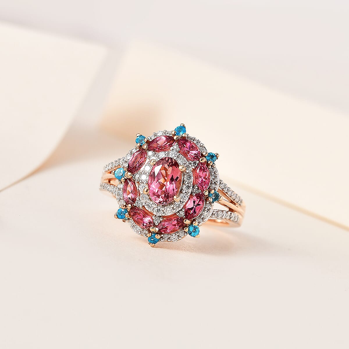 Premium Natural Calabar Pink Tourmaline Ring, Multi Gemstone Ring in Vermeil Rose Gold Over Sterling Silver, Tourmaline Jewelry, Gifts For Her 1.65 ctw image number 1
