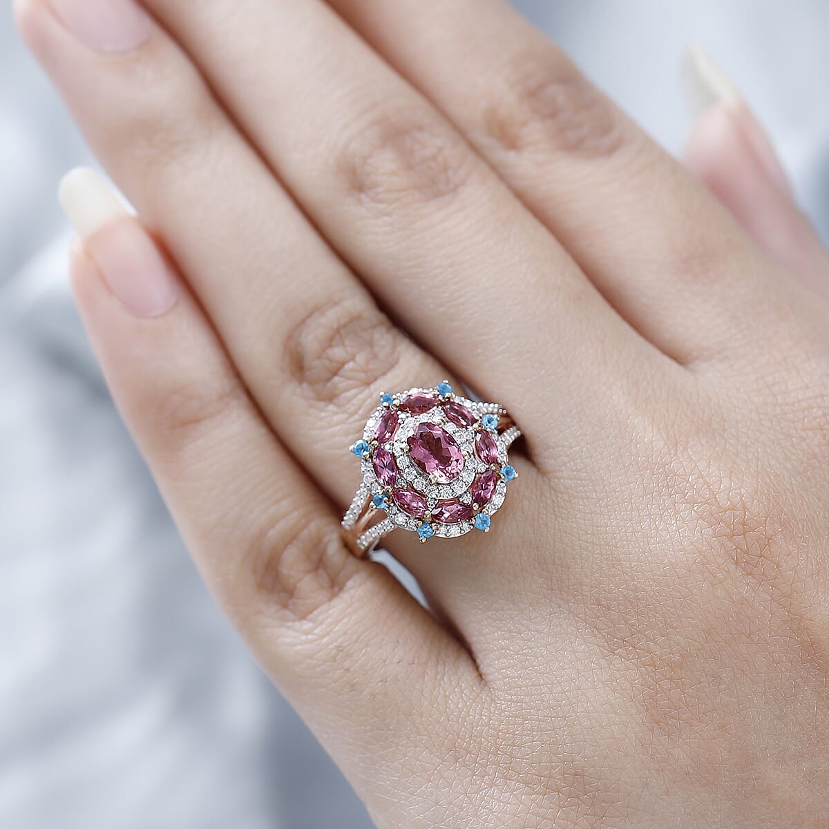 Premium Natural Calabar Pink Tourmaline and Multi Gemstone 1.65 ctw Ring in Vermeil Rose Gold Over Sterling Silver, Tourmaline Jewelry, Gifts For Her (Size 8.00) image number 2