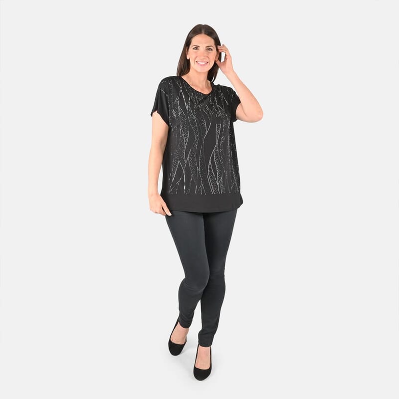 Tamsy Black Color Knit Rhinestone Jeweled Blouse - One Size Missy