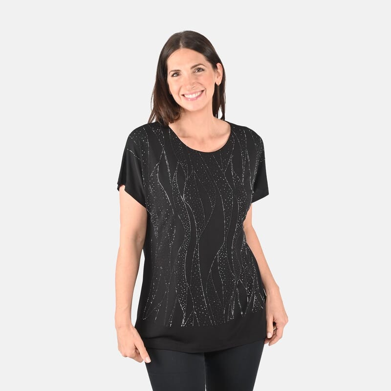 Tamsy Black Color Knit Rhinestone Jeweled Blouse - One Size Missy