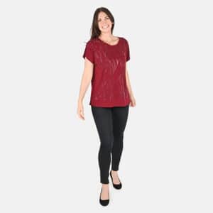 Tamsy Maroon Color Knit Rhinestone Jeweled Blouse - One Size Missy