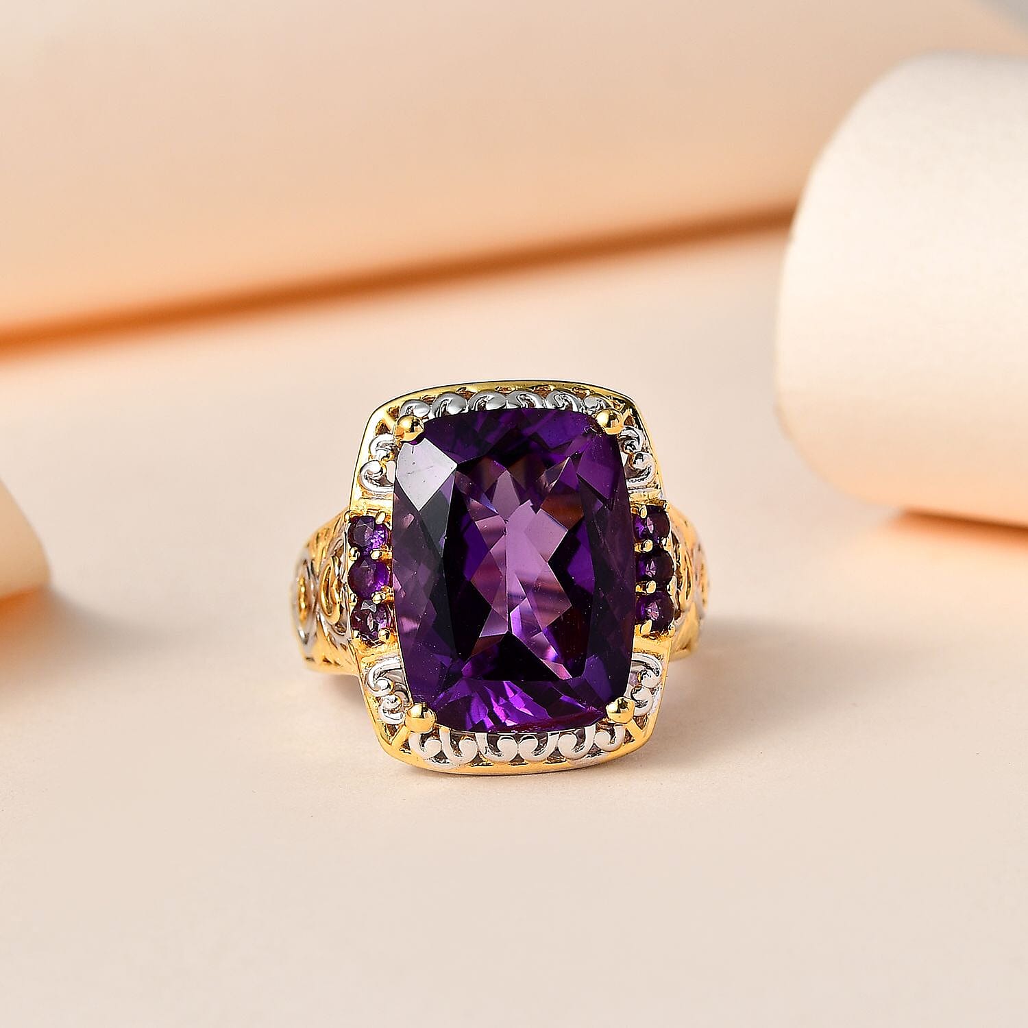 Premium Mashamba Amethyst and Lusaka Amethyst Ring in Vermeil Yellow Gold and Platinum Over Sterling Silver (Size 6.0) 10.00 ctw