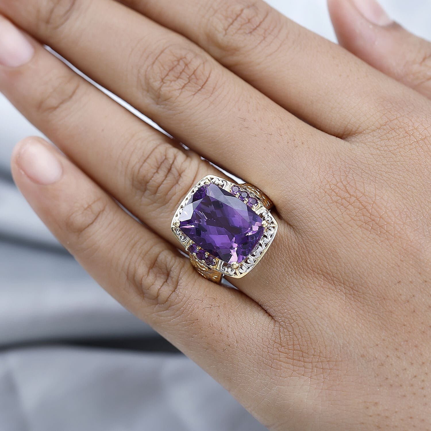Premium Mashamba Amethyst and Lusaka Amethyst Ring in Vermeil Yellow Gold and Platinum Over Sterling Silver (Size 6.0) 10.00 ctw
