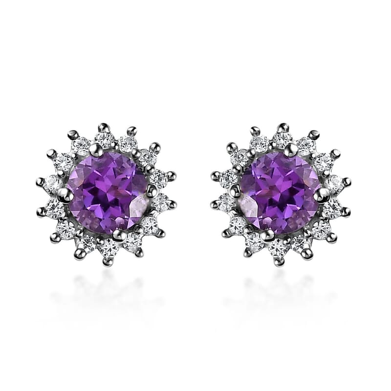 Premium Mashamba Amethyst and White Zircon Sunburst Stud Earrings in Platinum Over Sterling Silver 1.30 ctw