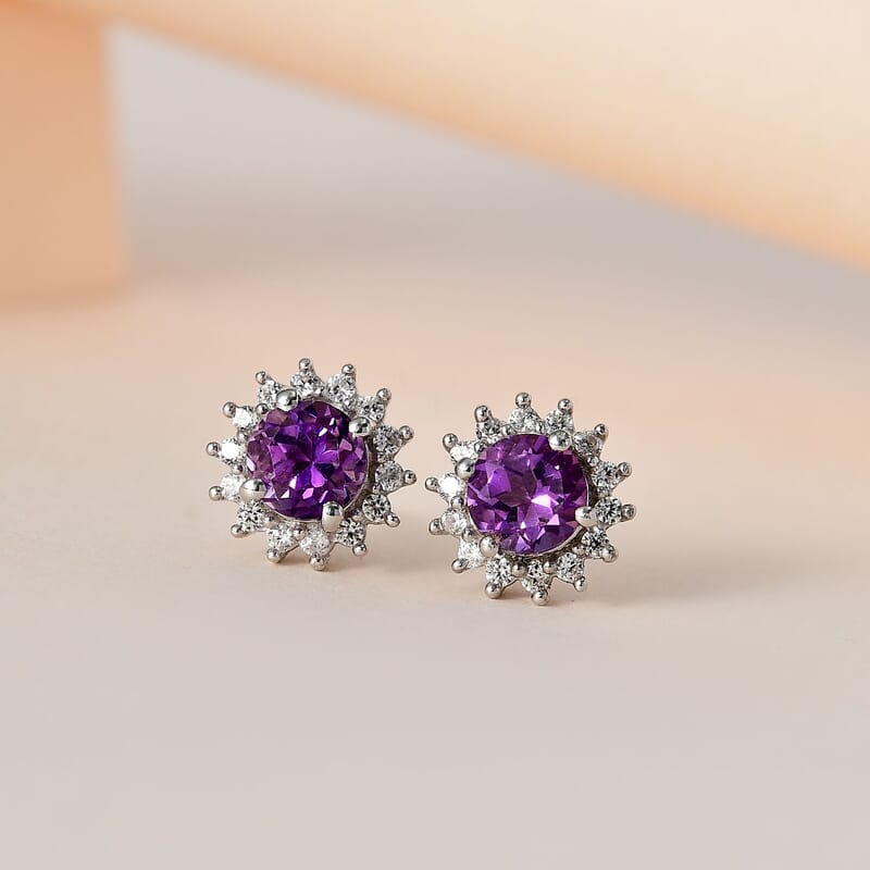 Premium Mashamba Amethyst and White Zircon Sunburst Stud Earrings in Platinum Over Sterling Silver 1.30 ctw
