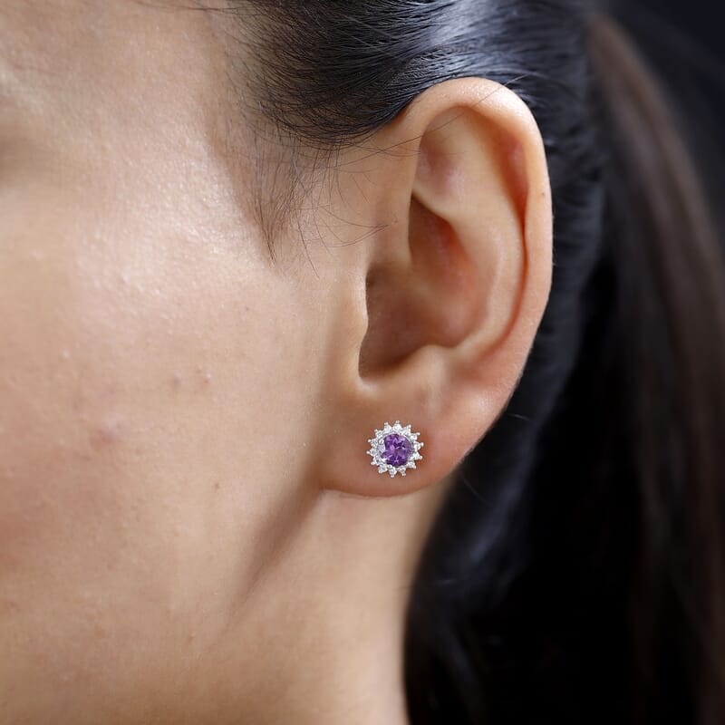 Premium Mashamba Amethyst and White Zircon Sunburst Stud Earrings in Platinum Over Sterling Silver 1.30 ctw