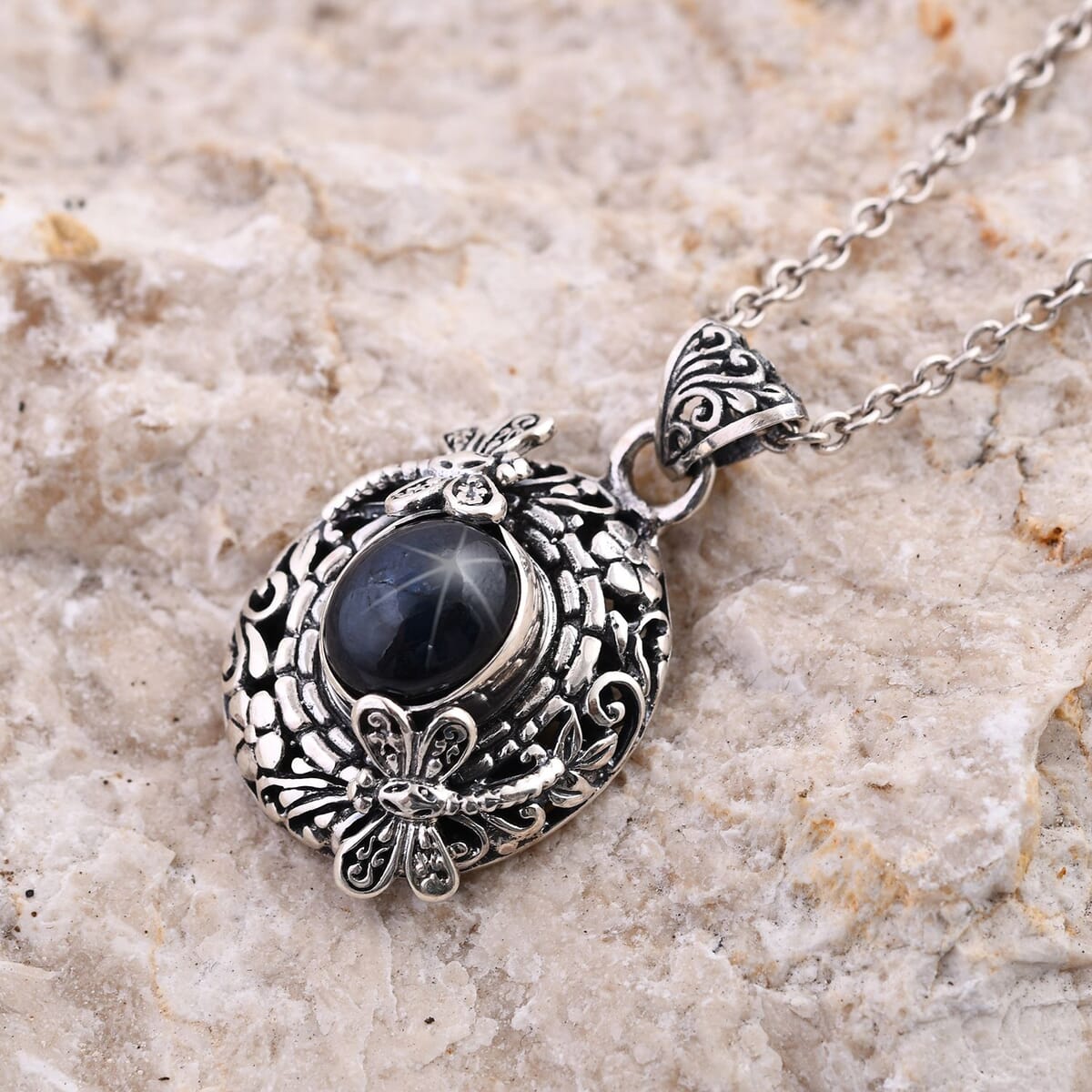 Bali Legacy Blue Star Sapphire (DF) Dragonfly Pendant in Sterling Silver 6.40 ctw image number 1