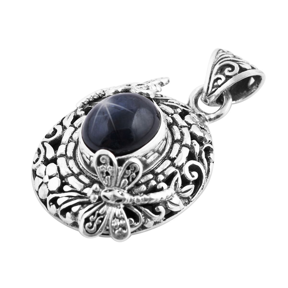 Bali Legacy Blue Star Sapphire (DF) Dragonfly Pendant in Sterling Silver 6.40 ctw image number 3