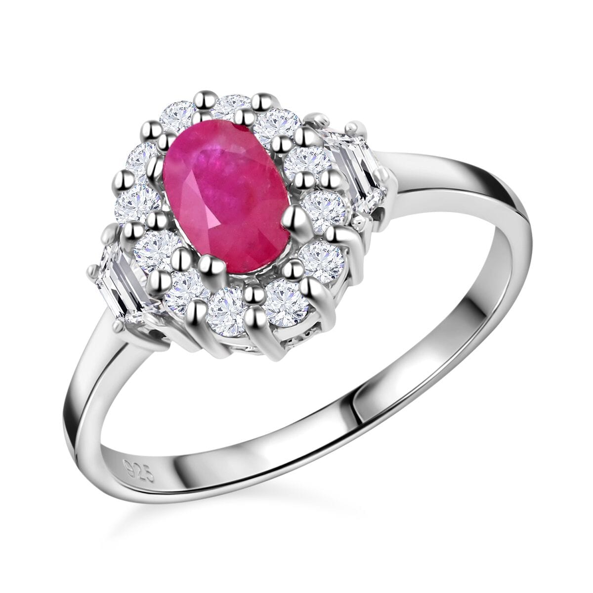 Premium Montepuez Ruby,  White Zircon Halo Ring in Platinum Over Sterling Silver (Size 10.0) 1.20 ctw image number 0