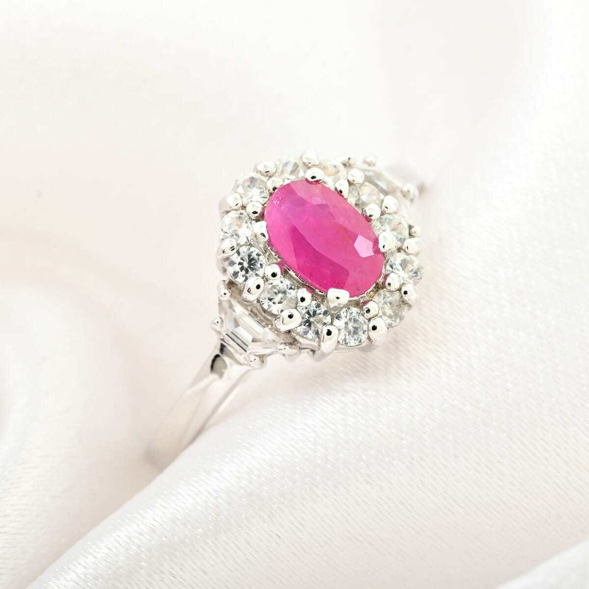 Premium Montepuez Ruby,  White Zircon Halo Ring in Platinum Over Sterling Silver (Size 10.0) 1.20 ctw image number 1