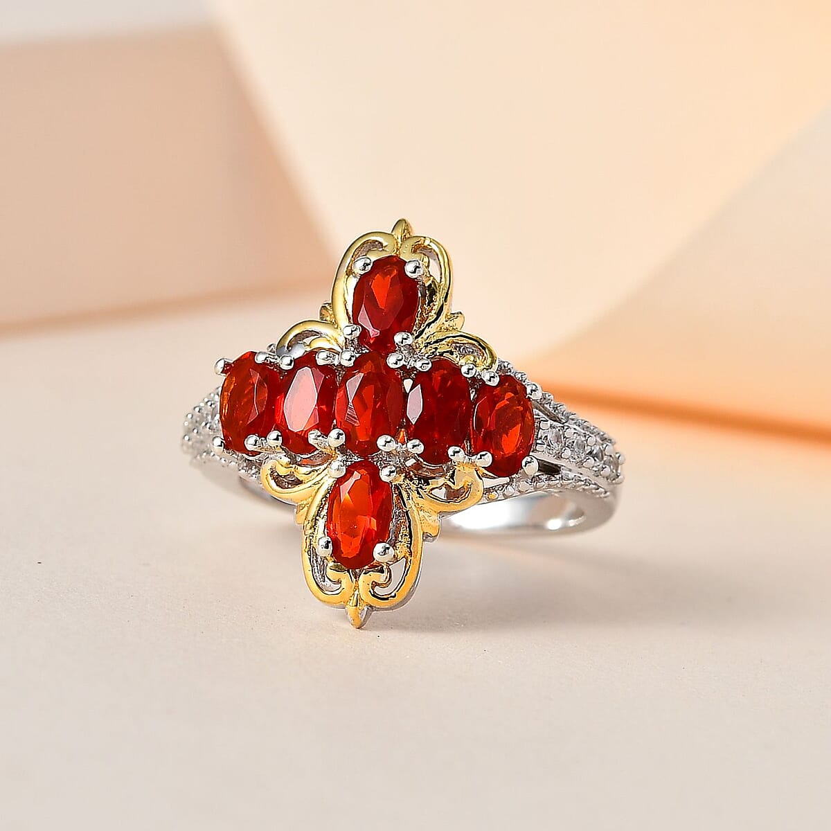 Mexican Cherry Fire Opal and White Zircon Cross Ring in Vermeil YG and Platinum Over Sterling Silver (Size 10.0) 2.00 ctw image number 1