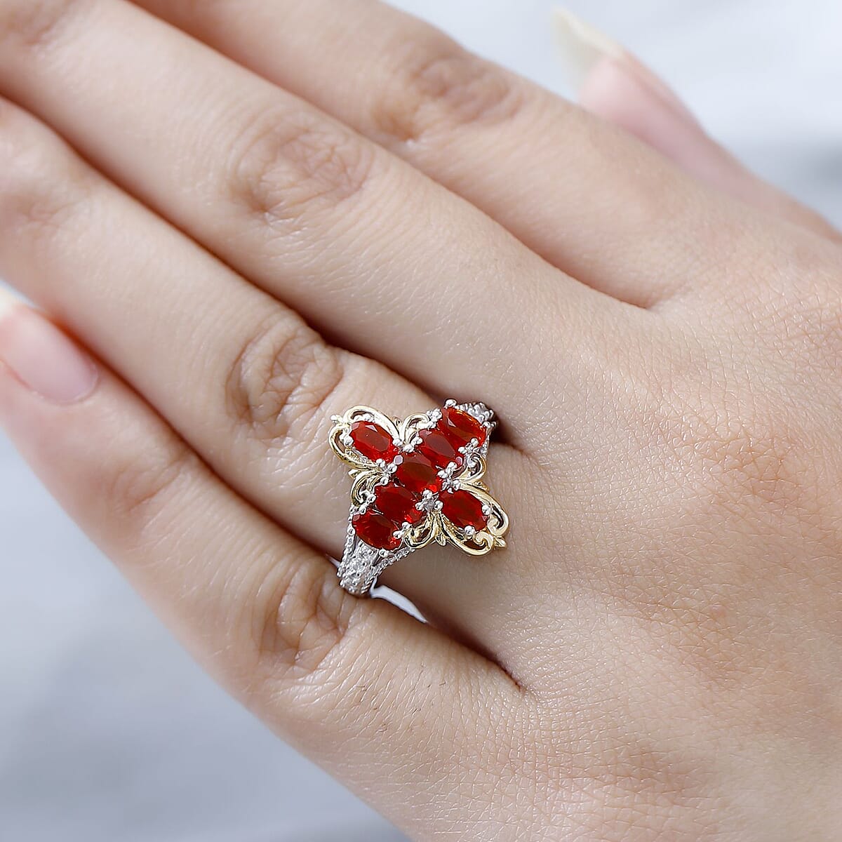 Mexican Cherry Fire Opal and White Zircon Cross Ring in Vermeil YG and Platinum Over Sterling Silver (Size 10.0) 2.00 ctw image number 2