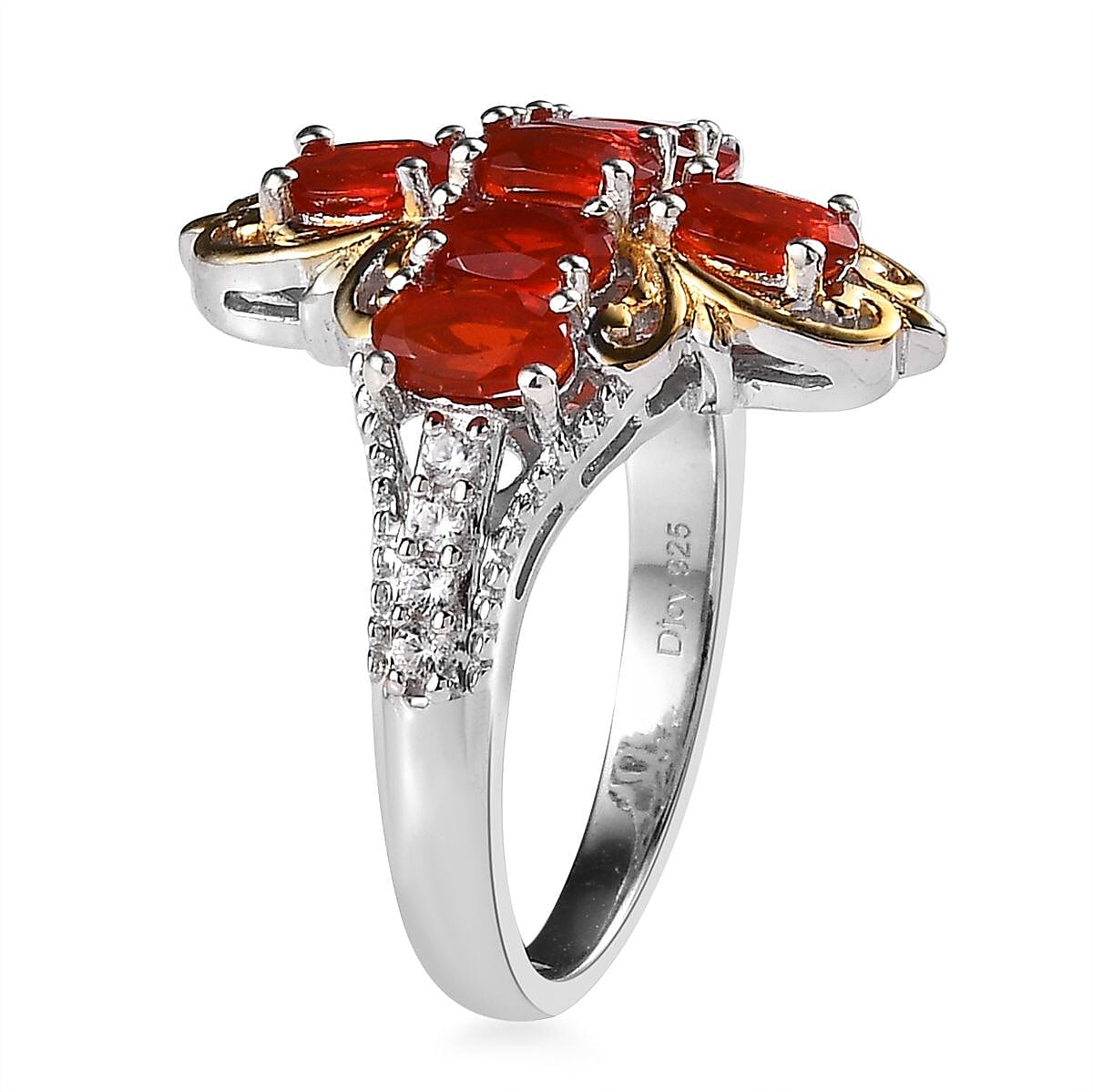 Mexican Cherry Fire Opal and White Zircon Cross Ring in Vermeil YG and Platinum Over Sterling Silver (Size 10.0) 2.00 ctw image number 3