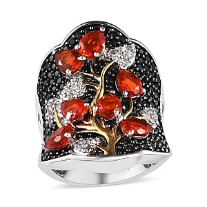 Mexican Cherry Fire Opal and Multi Gemstone Ring in Vermeil YG and Platinum Over Sterling Silver (Size 7.0) 3.25 ctw
