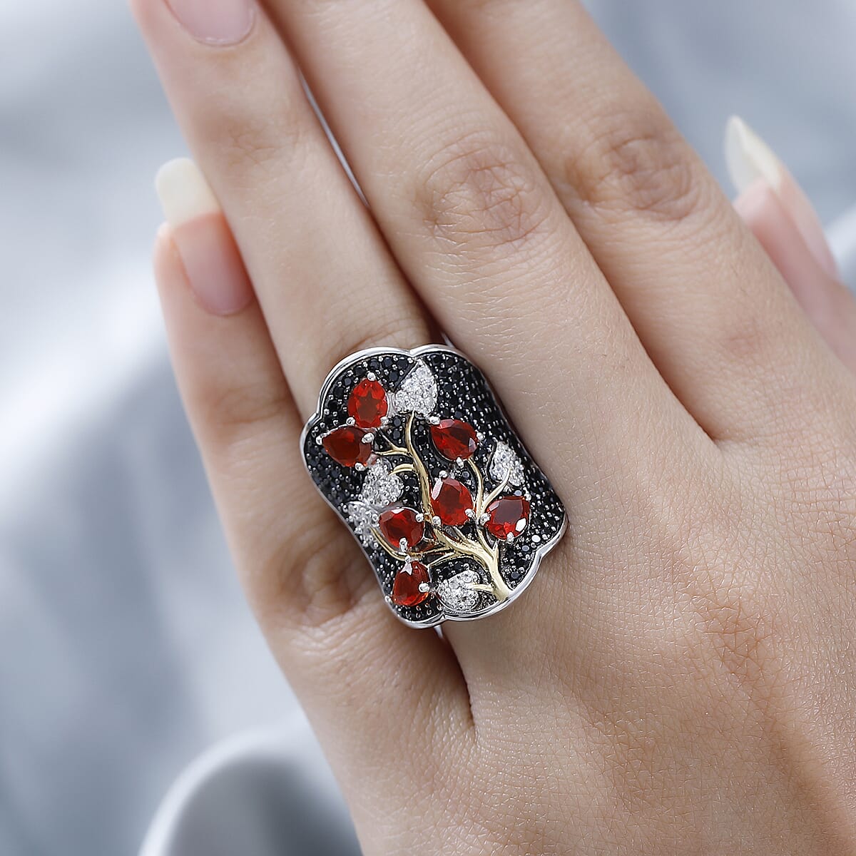 Mexican Cherry Fire Opal and Multi Gemstone Ring in Vermeil YG and Platinum Over Sterling Silver (Size 7.0) 3.25 ctw image number 2