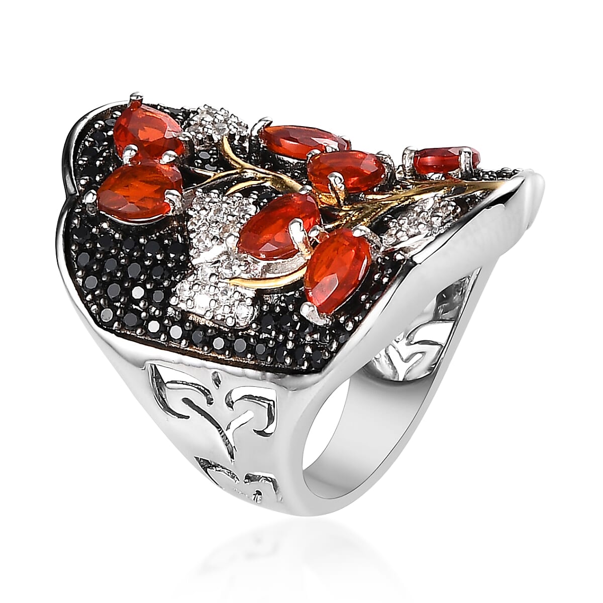 Mexican Cherry Fire Opal and Multi Gemstone Ring in Vermeil YG and Platinum Over Sterling Silver (Size 7.0) 3.25 ctw image number 3