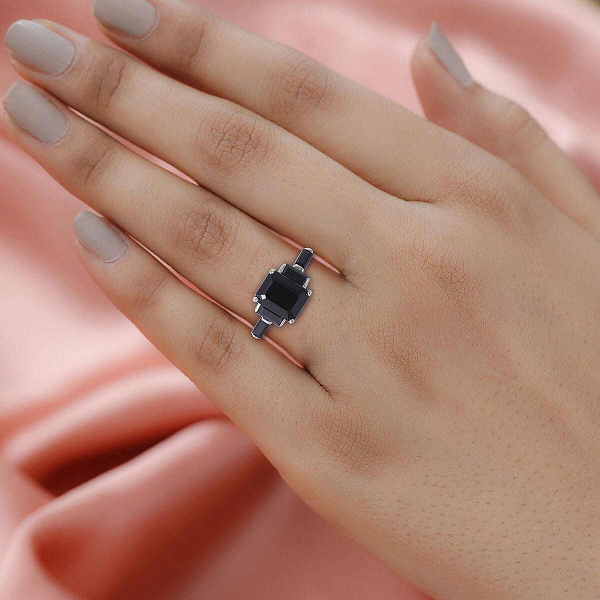 Thai Black Spinel 5 Stone Ring in Platinum Over Sterling Silver (Size 9.0) 4.60 ctw image number 1