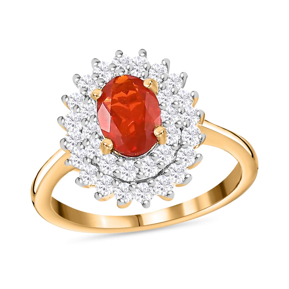 Mexican Cherry Fire Opal Double Halo Ring, Moissanite Accent Ring, Vermeil Yellow Gold Over Sterling Silver Ring, Fire Opal Ring For Her 1.20 ctw image number 0