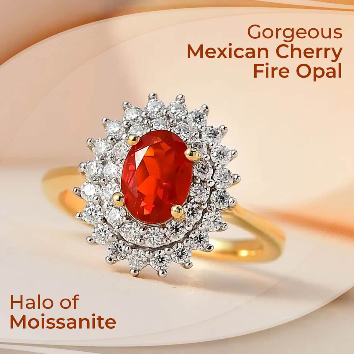 Mexican Cherry Fire Opal Double Halo Ring, Moissanite Accent Ring, Vermeil Yellow Gold Over Sterling Silver Ring, Fire Opal Ring For Her 1.20 ctw image number 1