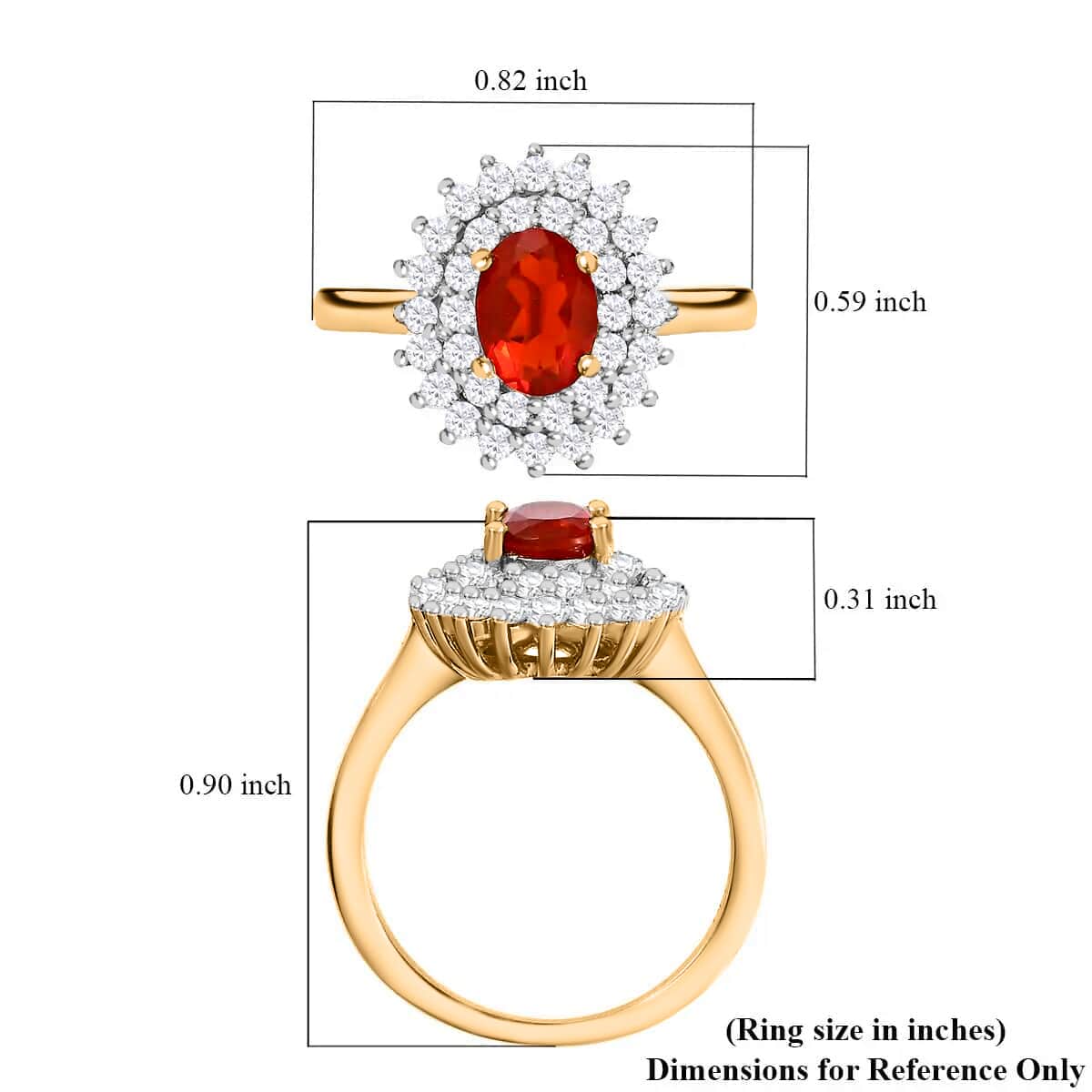 Mexican Cherry Fire Opal Double Halo Ring, Moissanite Accent Ring, Vermeil Yellow Gold Over Sterling Silver Ring, Fire Opal Ring For Her 1.20 ctw image number 6