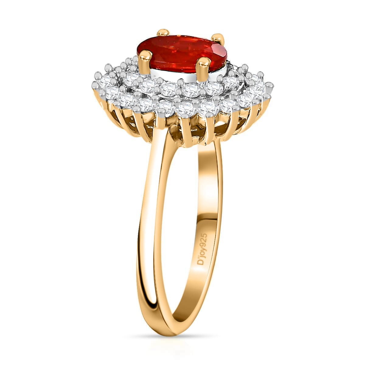 Mexican Cherry Fire Opal Double Halo Ring, Moissanite Accent Ring, Vermeil Yellow Gold Over Sterling Silver Ring, Fire Opal Ring For Her 1.20 ctw image number 4