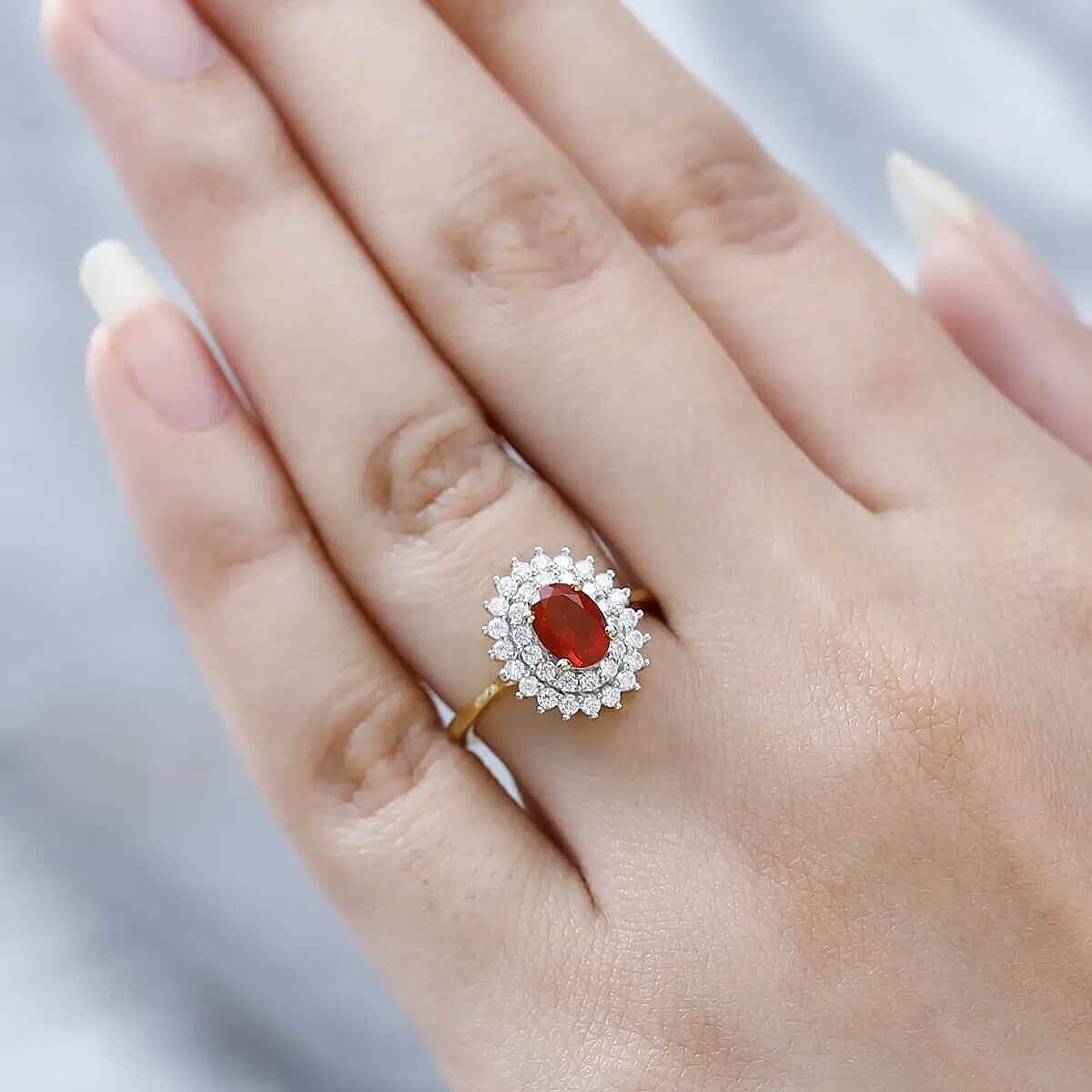 Mexican Cherry Fire Opal Double Halo Ring, Moissanite Accent Ring, Vermeil Yellow Gold Over Sterling Silver Ring, Fire Opal Ring For Her 1.20 ctw image number 3