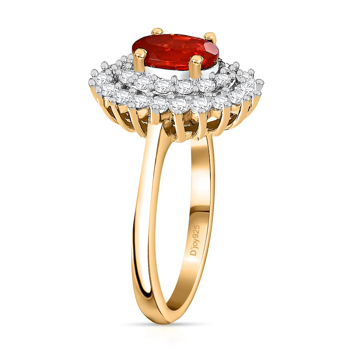 Mexican Cherry Fire Opal Double Halo Ring, Moissanite Accent Ring, Vermeil Yellow Gold Over Sterling Silver Ring, Fire Opal Ring For Her 1.20 ctw image number 4