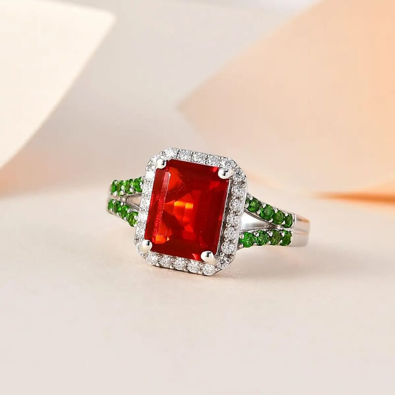Mexican Cherry Fire Opal and Multi Gemstone Split Shank Ring in Platinum Over Sterling Silver (Size 10.0) 2.65 ctw