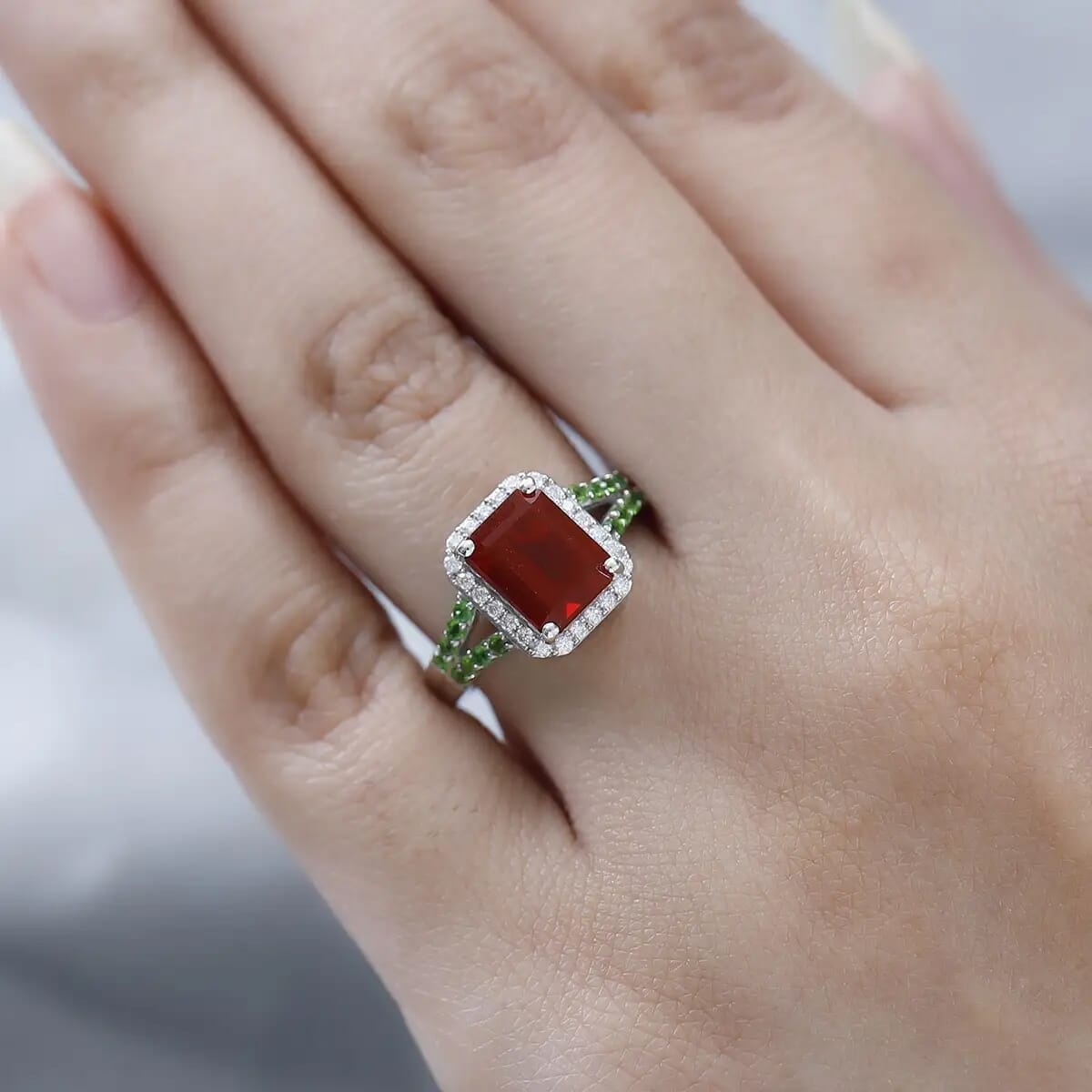 Mexican Cherry Fire Opal, Multi Gemstone Split Shank Ring in Platinum Over Sterling Silver (Size 10.0) (Del. in 3-5 Days) 2.65 ctw image number 2