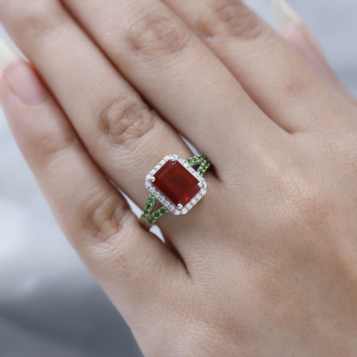 Mexican Cherry Fire Opal and Multi Gemstone Split Shank Ring in Platinum Over Sterling Silver (Size 7.0) 2.65 ctw image number 2