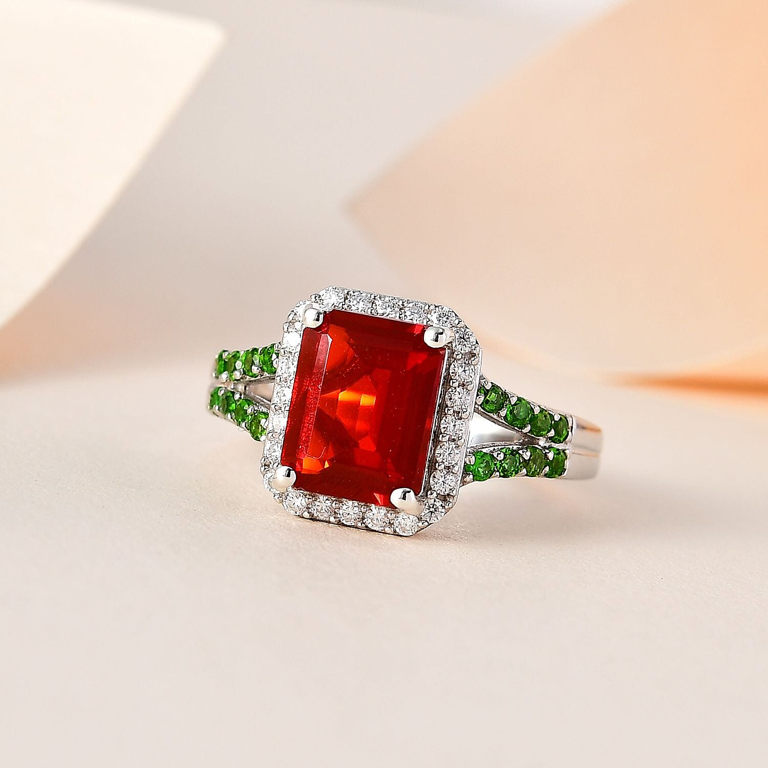 Mexican Cherry Fire Opal and Multi Gemstone Split Shank Ring in Platinum Over Sterling Silver (Size 8.0) 2.65 ctw