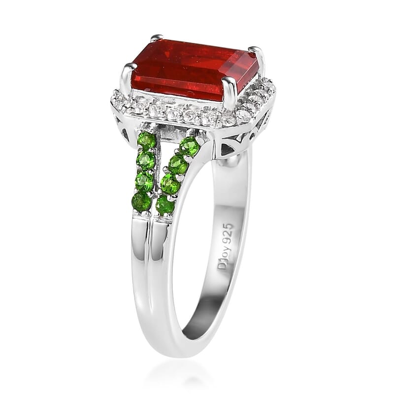Mexican Cherry Fire Opal and Multi Gemstone Split Shank Ring in Platinum Over Sterling Silver (Size 8.0) 2.65 ctw