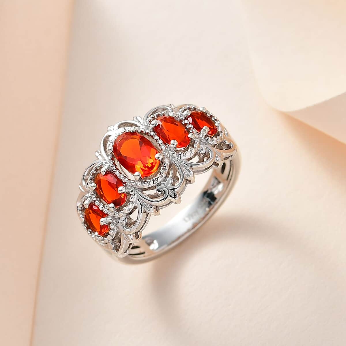 Mexican Cherry Fire Opal 5 Stone Ring in Platinum Over Sterling Silver 1.25 ctw image number 1