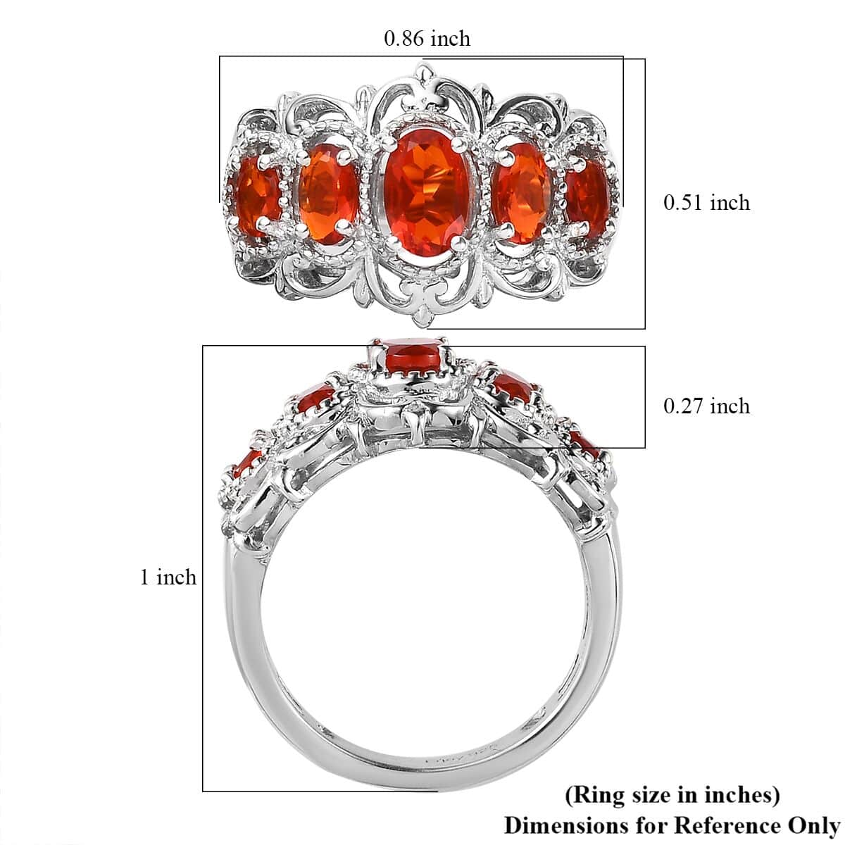 Mexican Cherry Fire Opal 5 Stone Ring in Platinum Over Sterling Silver 1.25 ctw image number 5