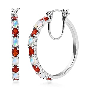 Mexican Cherry Fire Opal and Ethiopian Welo Opal Hoop Earrings in Platinum Over Sterling Silver 3.00 ctw
