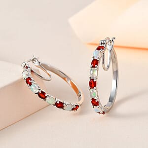 Mexican Cherry Fire Opal and Ethiopian Welo Opal Hoop Earrings in Platinum Over Sterling Silver 3.00 ctw