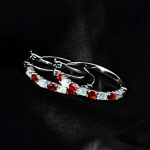 Mexican Cherry Fire Opal and Ethiopian Welo Opal Hoop Earrings in Platinum Over Sterling Silver 3.00 ctw
