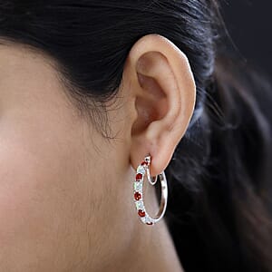 Mexican Cherry Fire Opal and Ethiopian Welo Opal Hoop Earrings in Platinum Over Sterling Silver 3.00 ctw