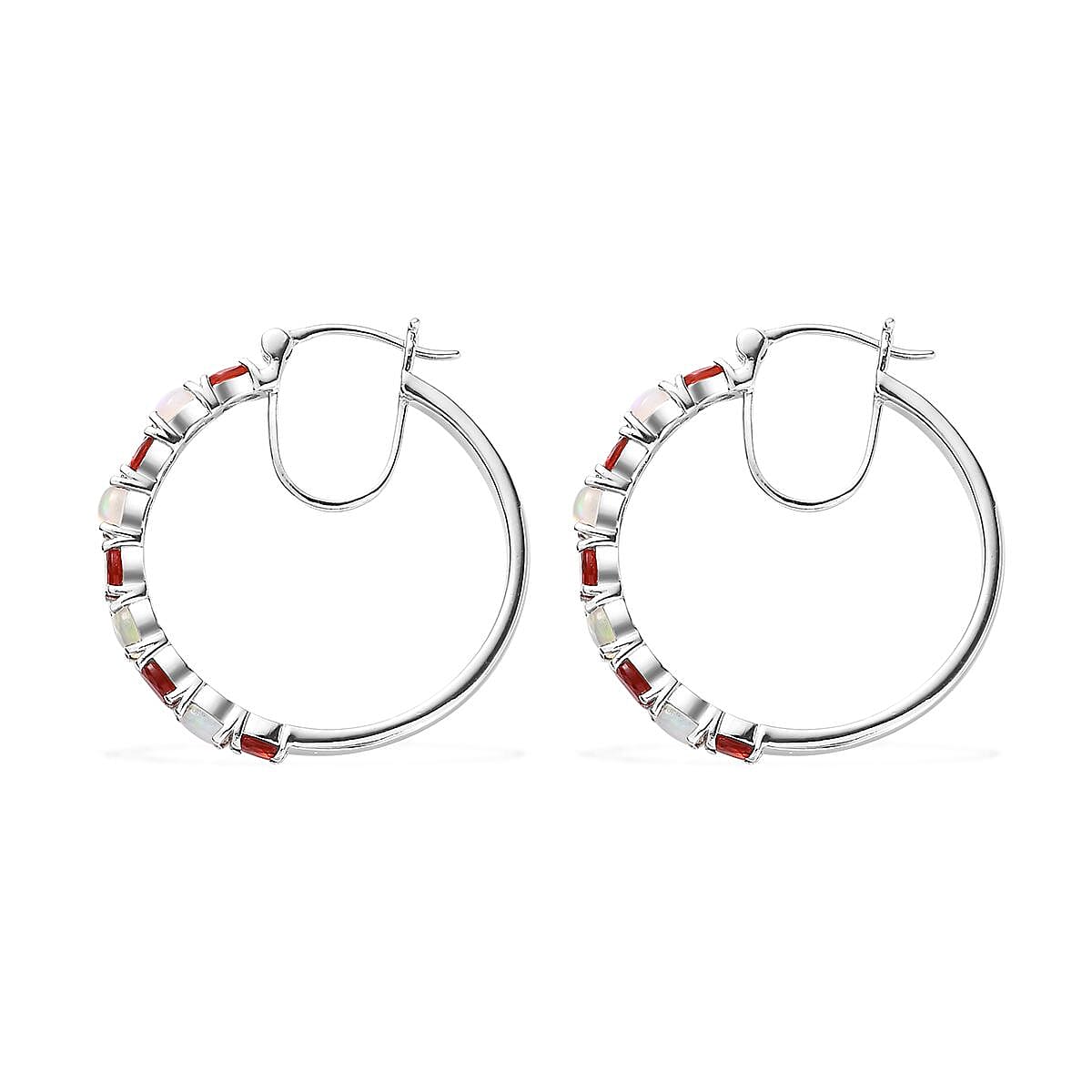 Mexican Cherry Fire Opal and Ethiopian Welo Opal Hoop Earrings in Platinum Over Sterling Silver 3.00 ctw