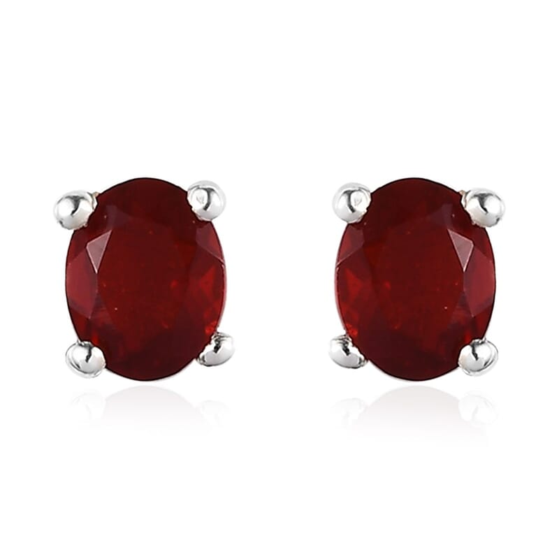 Mexican Cherry Fire Opal Solitaire Stud Earrings in Platinum Over Sterling Silver 0.90 ctw