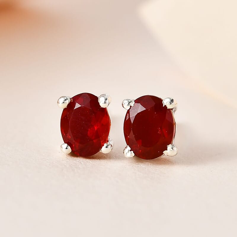 Mexican Cherry Fire Opal Solitaire Stud Earrings in Platinum Over Sterling Silver 0.90 ctw