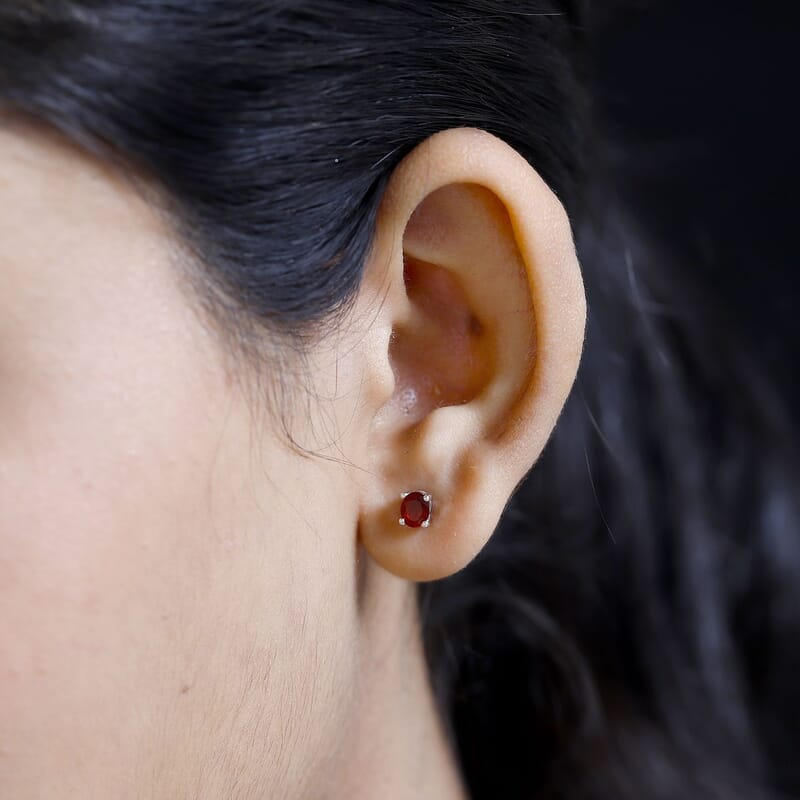 Mexican Cherry Fire Opal Solitaire Stud Earrings in Platinum Over Sterling Silver 0.90 ctw