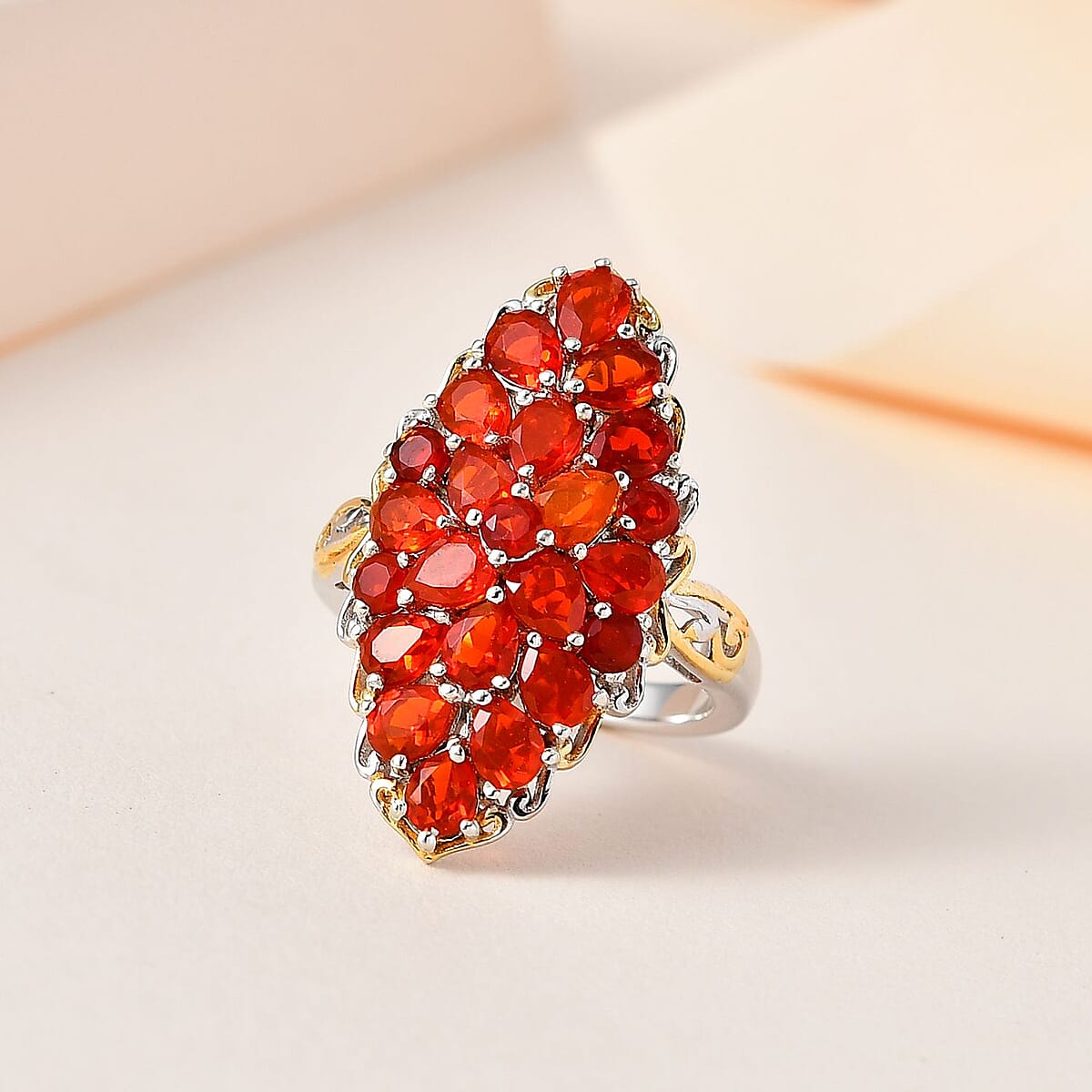Mexican Cherry Fire Opal Elongated Ring in Vermeil Yellow Gold and Platinum Over Sterling Silver 4.10 ctw image number 1