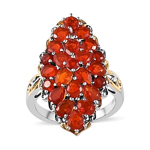 Mexican Cherry Fire Opal Elongated Ring in Vermeil YG and Platinum Over Sterling Silver (Size 8.0) 4.10 ctw