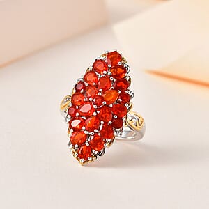 Mexican Cherry Fire Opal Elongated Ring in Vermeil YG and Platinum Over Sterling Silver (Size 8.0) 4.10 ctw