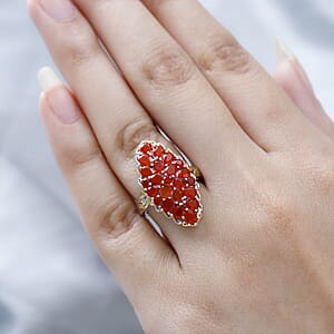 Mexican Cherry Fire Opal Elongated Ring in Vermeil YG and Platinum Over Sterling Silver (Size 8.0) 4.10 ctw